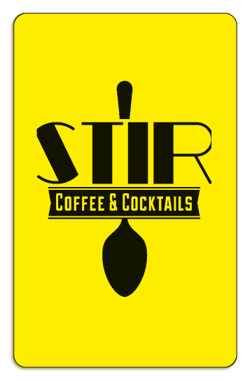 stir coffee and cocktails spoon logo on a yellow background